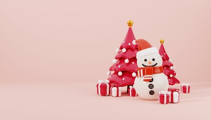 Happy New Year background. Snowman surrounded by red Christmas tree and gift boxes. Xmas Decorations, 3D illustration