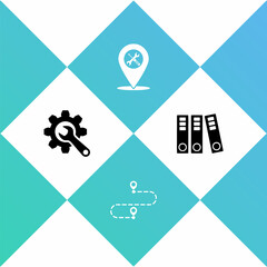 Set Wrench and gear, Route location, Location service and Office folders icon. Vector