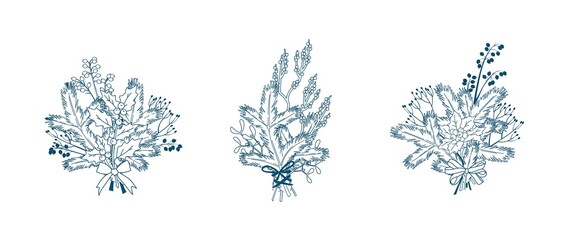 set of Natural forest bouquets for Christmas decoration. Floral arrangements. Evergreens, conifers, berries, leaves, thorns, cones. Vector illustration.