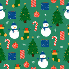 Christmas seamless pattern. Cute colorful winter elements on green background