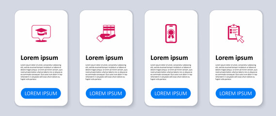 Set Online quiz, test, survey, education with diploma, Book donation and Graduation cap speech bubble. Business infographic template. Vector