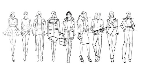 Set of young beautiful women in stylish clothes. Sale concept. Hand-drawn fashion illustration. Fashion sketch.
