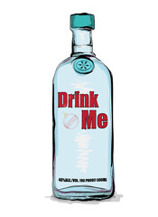 A bottle of alcohol that says drink me. Composition with alcohol used for advertising beverage in restaurant or bar menu, for alcohol markets and logo design.