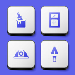 Set Paint bucket with brush, Window room, Worker safety helmet and Trowel icon. White square button. Vector