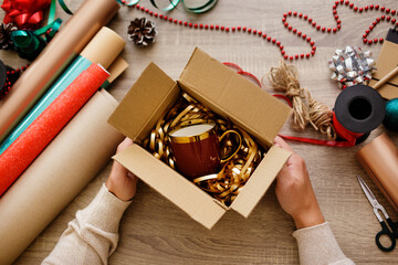 Flat lay of present and decoration on table
