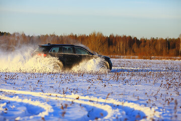 off-road vehicle drift in the snow field adventure winter speed nature - obrazy, fototapety, plakaty