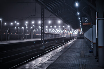 Fototapeta na wymiar railway tracks night landscape at the railway station fog autumn