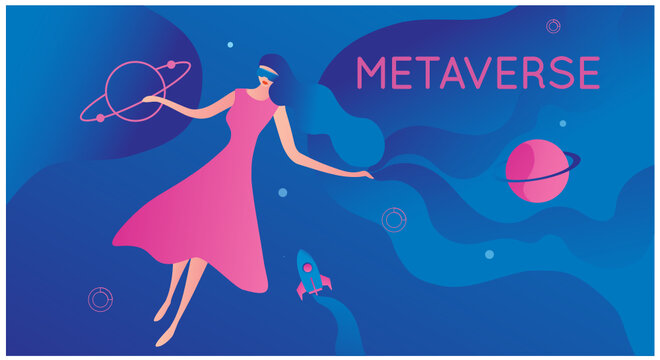 Metaverse concept, woman wearing virtual reality headset glasses connecting to virtual space and universe vector illustration
