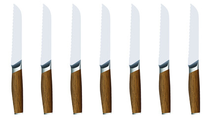 set of realistic kitchen knives isolated on white, Vector illustration, chef knives, Cutlery icon set, bread Knife