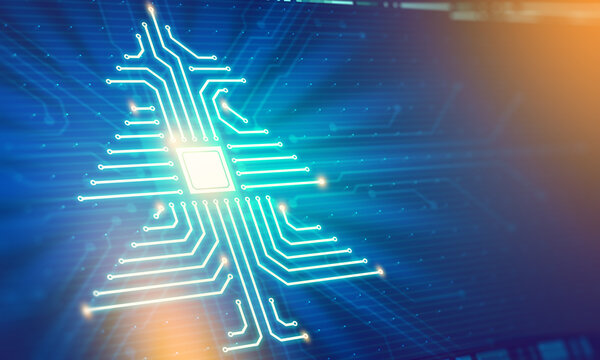 Festive IT greeting card Abstract digital illustration of microchip board in fir tree shape with lens flare. Information technology celebration interface. Happy new year and merry christmas