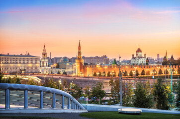 View of the Cathedral of Christ the Savior and the Kremlin towers in Moscow