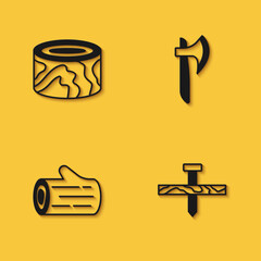 Set Wooden logs, Metallic nail, and axe icon with long shadow. Vector