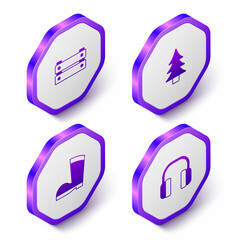 Set Isometric Wooden box, Tree, Waterproof rubber boot and Headphones icon. Purple hexagon button. Vector