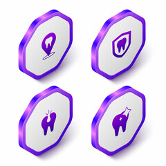 Set Isometric Dental clinic location, protection, Broken tooth and Tooth whitening icon. Purple hexagon button. Vector