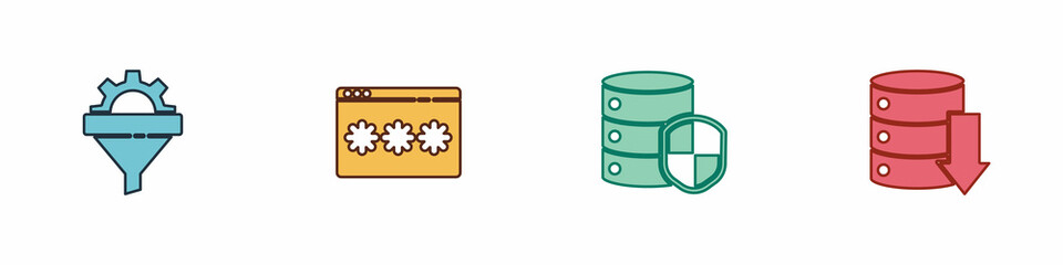 Set Sales funnel with gear, Password protection, Server shield and Server, Data, Web Hosting icon. Vector