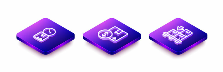 Set Isometric line Cardboard box with clock, Carton cardboard and boxes pallet icon. Vector