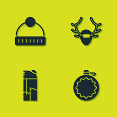 Set Winter hat, Canteen water bottle, Lighter and Deer antlers on shield icon. Vector
