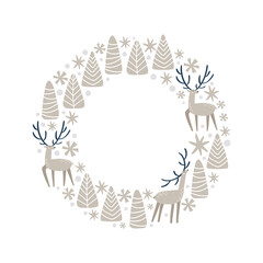 Christmas doodle hand drawn vector wreath snowflakes, fir tree and deer frame for text decoration. Cute holiday Scandinavian style illustration