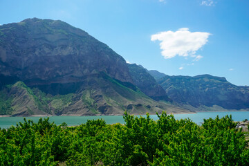 Fototapeta na wymiar Irganai reservoir and beautiful mountains around