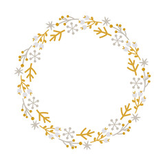 Christmas doodle hand drawn vector wreath floral branch and snowflakes frame for text decoration. Cute holiday Scandinavian style illustration