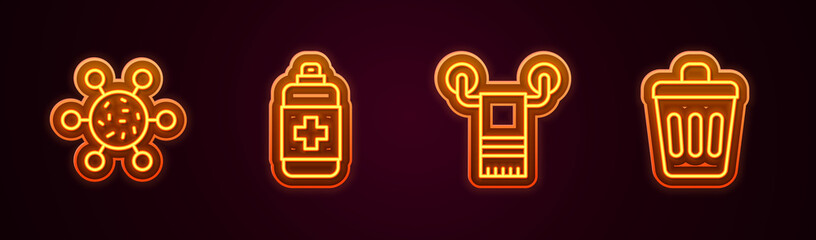 Set line Bacteria, Antibacterial soap, Towel on hanger and Trash can. Glowing neon icon. Vector