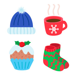 Set of winter holidays elements. Merry Christmas and happy New Year celebration. Warm hat with pompon, cup with hot coffee, traditional cupcake and warm socks. Vector illustration in cartoon style. 