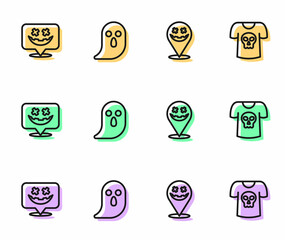 Set line Happy Halloween holiday, Ghost and Shirt with skull icon. Vector