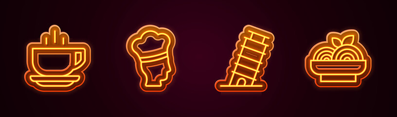 Set line Coffee cup, Italian cook, Leaning tower in Pisa and Pasta spaghetti. Glowing neon icon. Vector