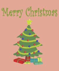 card with a green decorated Christmas tree with blue and red toys under the tree there are seven boxes with gifts