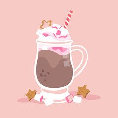 Hot cocoa drink with marshmallow vector illustration. Winter drinks illustration in cartoon style.