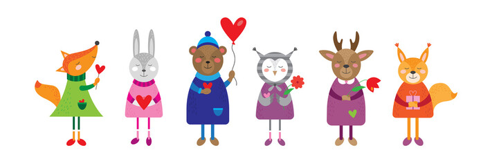 Lovely animals in cartoon style vector. Deer, squirrel, bear, rabbit, owl, fox in vector.