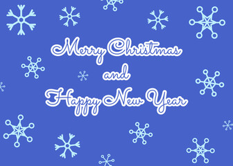 Merry Christmas and Happy New Year, card with different snowflakes. Postcard in blue winter tones. Print for seasonal decoration, banners, stickers, poster, flyer, invitation. 