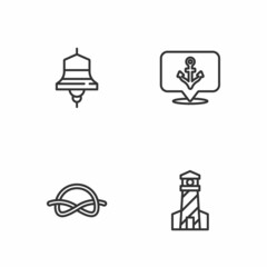 Set line Lighthouse, Nautical rope knots, Ship bell and Anchor icon. Vector