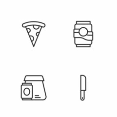 Set line Knife, Online ordering food, Slice of pizza and Soda can icon. Vector