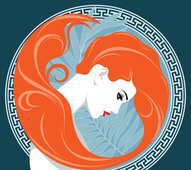1256_Redhead woman with flying hair inside round decorative frame