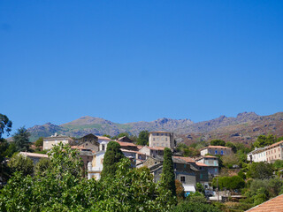 Fototapeta na wymiar View of Sorio, a typical Corsican mountain village in Nebbio valley, Corsica, France.