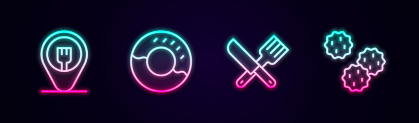 Set line Cafe and restaurant location, Donut, Crossed knife fork and Cookie biscuit. Glowing neon icon. Vector