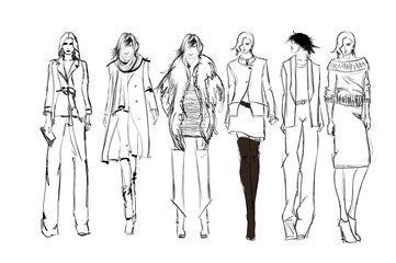Set of young beautiful women in stylish clothes. Sale concept. Hand-drawn fashion illustration. Fashion sketch.