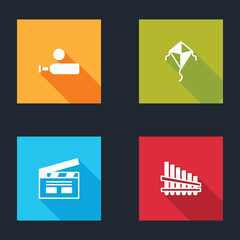 Set Wood cricket bat and ball, Kite, Bollywood indian cinema and Pan flute icon. Vector