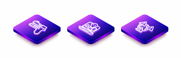 Set Isometric line Futuristic weapon, Internet piracy and Earth with exclamation mark icon. Vector