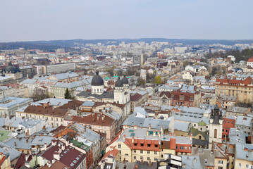 Aerial view of the historical old town. Lviv, Ukraine.