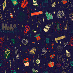 Dark blue Christmas seamless pattern. Doodle gifts, wrapping paper, new year background. Various boxes tied with bow ribbons. Glitter and sparks, winter decoration, honey, bag, hearts. Fabric print.