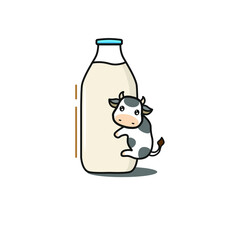 a bottle of cow's milk being hugged by a cute cow