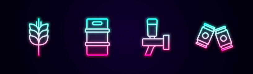 Set line Wheat, Metal beer keg, Beer tap and can. Glowing neon icon. Vector