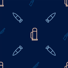 Set line Hunting gun, Bullet and Thermos container on seamless pattern. Vector