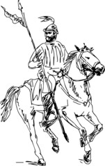 Drawing of an ancient warrior knight nomad rider on a horse with a flag. Vector illustration