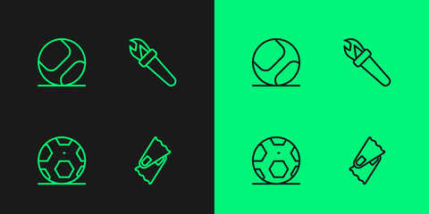 Set line Flippers for swimming, Soccer football ball, Baseball and Torch flame icon. Vector