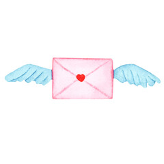 love envelope with wings watercolor, watercolor illustration of letter with love for valentine's day