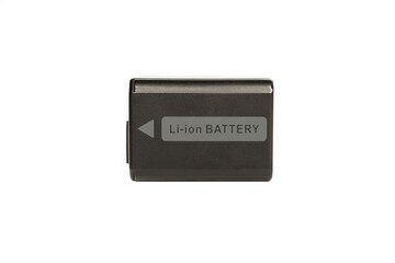 Black plastic lithium ion rechargeable battery on white background for mirrorless camera, dslr,...
