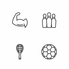 Set line Soccer football ball, Tennis racket, Bodybuilder showing his muscles and Bowling pin icon. Vector